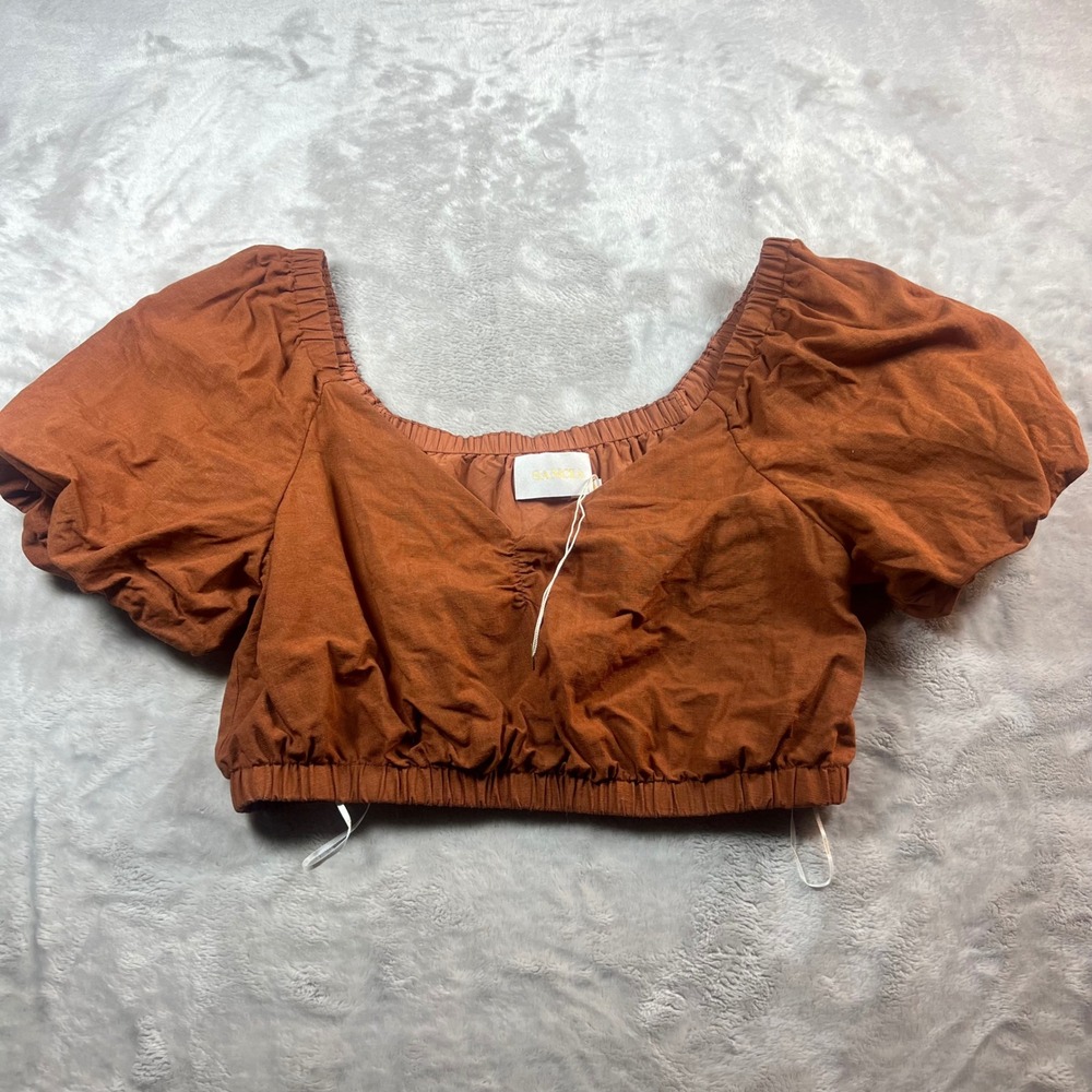 Sancia Women's Medium Crop Top Rust Brown Linen Blend Puff Sleeve